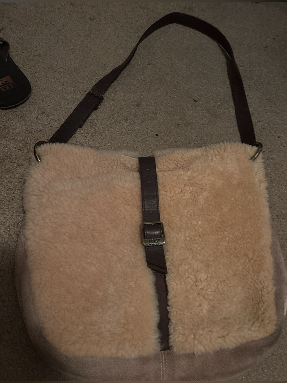 UGG Beige Shearling Shoulder Bag with Brown Strap
